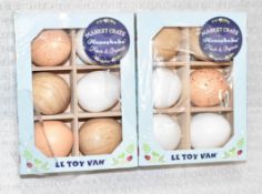 12 x LE TOYVAN Luxury Lifesize Handcrafted Wooden Children's Toy Play Eggs in 2 x Market Crates -