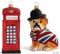 2 x Harrods of London Glass Hand-painted & Glittered Bauble Christmas Decorations with Hanging Loops
