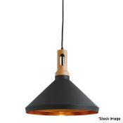 1 x Wong 1 Light Cone Pendant With Black Outer/Gold Inner Shade And Wood Effect Cap - Original