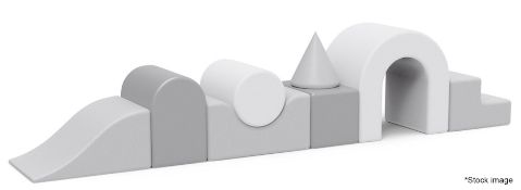 1 x KIDKII Luxury Faux Leather Foam Soft Playset Featuring 8 x Block Elements In Blue, Grey &
