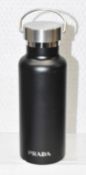 1 x PRADA Black Stainless Steel Insulated Outdoor Water Bottle featuring PRADA Branding and 2