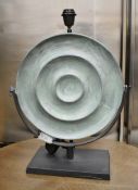 1 x Ancient Artifact Inspired Metal Disc Table Lamp Base, Hand-crafted with an Aged