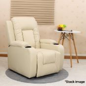 1 x Bonded Leather Recliner Chair With Drinks Holders- Cream - Original Retail £259.99 - Ref: