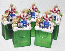 5 x HARRODS OF LONDON Glass-Blown Shopping Bag Christmas Tree Decorations - Original Price £100.00