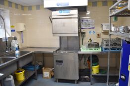 1 x Proton Commercial Dishwasher with Inlet Wash Unit, Spray Tap, Outlet Table and Extractor Canopy