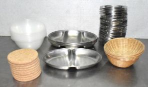 1 x Assorted Job Lot of Restaurant Accessories - Silver Trays, Plastic Bowls, Coasts, Baskets