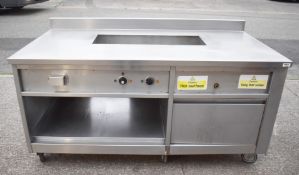 1 x Stainless Steel Prep Unit with Heated Baine Mari, Hot Cupboard and Castors H90 x W180 x D90 cms