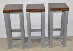 3 x Contemporary Bar Stools Featuring a Macassar Ebony Finish and Heavy Duty Steel Bases -