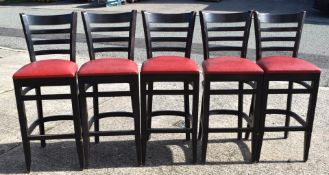 5 x Commercial Bar Stools Featuring Red Faux Leather Cushioned Seat Pads, Dark Stain Finish,