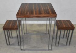 1 x Contemporary Table and Stool Set Featuring a Macassar Ebony Finish and Heavy Duty Steel Bases