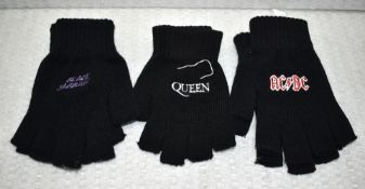 3 x Pairs of Fingerless Gloves Featuring Stitched Logos of Black Sabbath, Queen and ACDC
