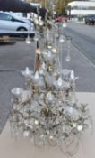2 x Vintage Brass Chandeliers Featuring Glass Centre Column and Droplets - Sizes: 130 x 90 / 120 x