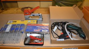 1 x Assorted Collection of Tools Including Glue Guns, Tacwise Industrial Stapler, Spirit Level, Fuse