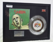 1 x Framed QUEEN Silver 7 Inch Vinyl Record - WE WILL ROCK YOU - Presented in a Black Frame