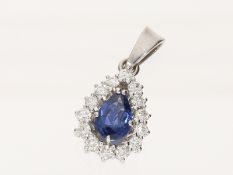 Anhänger: schöne Goldschmiedearbeit mit blauem Farbstein und Brillanten, 18K Weißgold