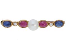 Brosche/Nadel: goldene vintage Brosche mit Perlen sowie Saphiren und Rubinen
