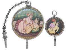 Uhrenschlüssel: 2 extrem seltene Taschenuhren-Schlüssel mit "Erotik" Miniaturen, gefertigt für den i