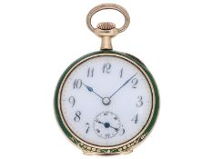 Taschenuhr/Anhängeuhr: hoch attraktive Gold/Emaille Damenuhr mit Diamantbesatz, Didisheim & Freres u