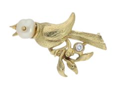 Brosche/Nadel: vintage Goldschmiedebrosche mit Perle und Brillant, Motiv "Vogel"