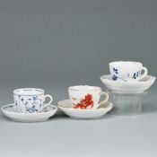 3 unterschiedliche Mokkatassen mit Untertassen.  Rauenstein und Meissen.