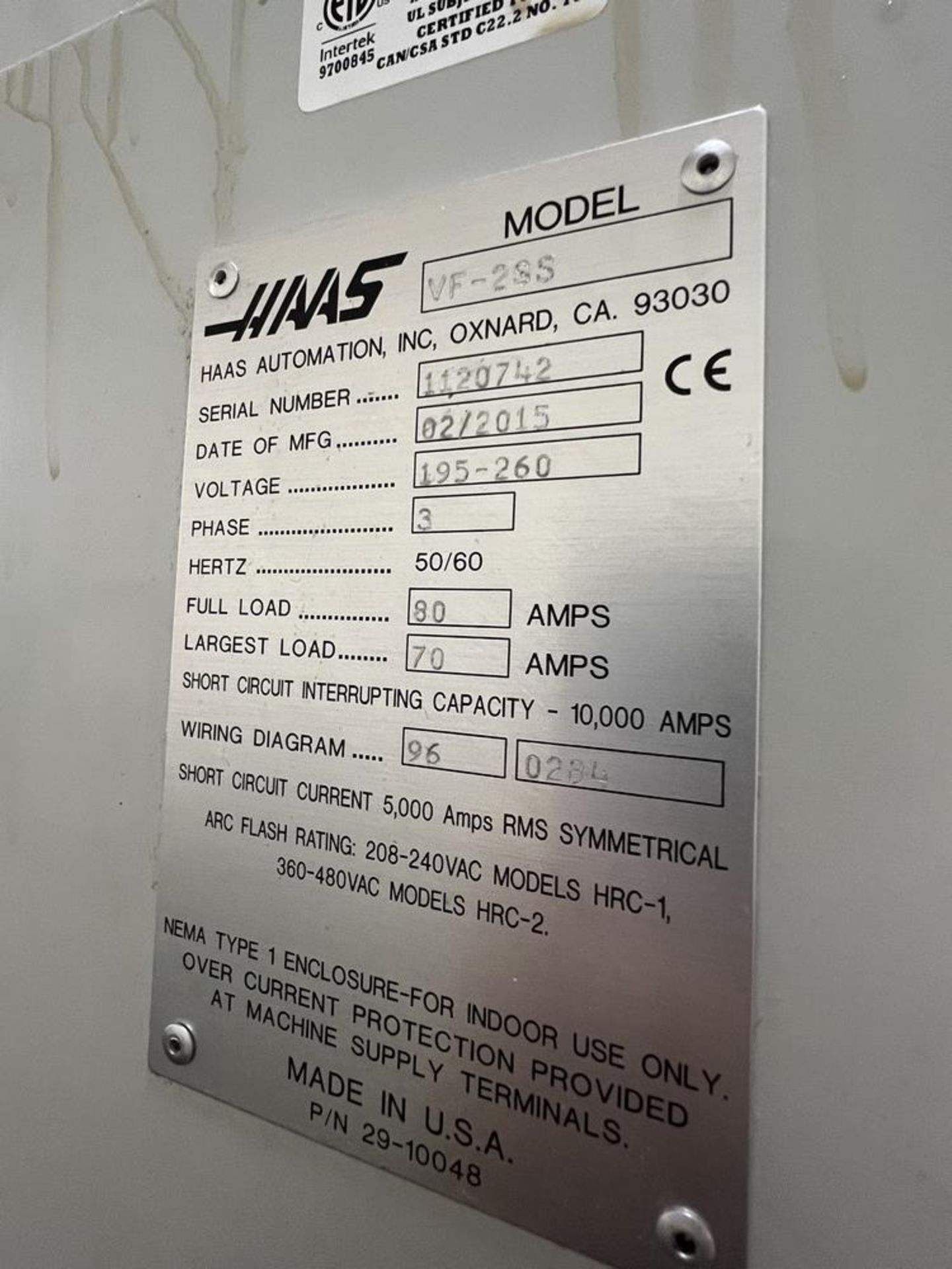 2015 Haas VF-2SS Vertical Machinig Center, Chip Auger, Side Mount, 12K Spindle, No Vises or - Image 9 of 21