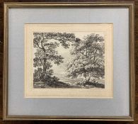 Attributed to Joseph Barber (British,1757-1811), A woodland landscape with two men and a dog,