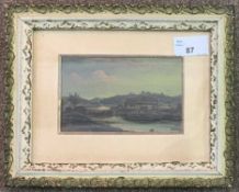 Attributed to Continental School (circa 20th century), A lakeside view with wooden hut in the