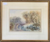 Henry Harris Lines (British, 1800-1889), A view across a river to a bridge and trees, pencil and