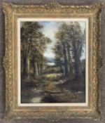 James Wallace (British, 1872-1911), View through Autumnal trees with foreground figures, oil on