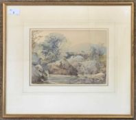 George Sheffield (British,1839-1892), landscape view across a river to a bridge with two figures,