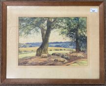 Frank Corbyn Price RBA RWS (British, b.1862), Sheep lay at rest beneath the shade of trees,