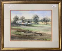 Anna Skinner (British, 20th/21st century), View over country fields to a cottage and outbuildings,