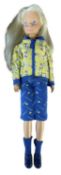 Sindy in Active Citywear (c1980s) In yellow bomber jacket with blue geometric pattern skirt, blue