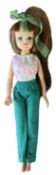 Original Sindy with half-cropped / half pony-tail hair in green trousers and floral top. Marked to