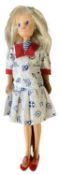 Sindy in white and blue nautical dress with red sandals (c1980s)