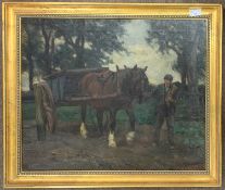 In the manner of Geoffrey Mortimer (British,1895-1986), A Shire Horse and cart is led through a