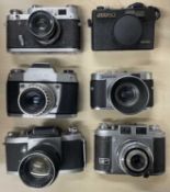 Six vintage cameras to include: FED 3; FED 50 Automatic; EXA IIb; Voigtlander VITO B; Miranda