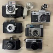 Six vintage cameras to include: Kiev; Kodak Brownie Cresta 3; Ilford Sportsmaster; Agfa Click-I;