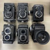 Six vintage box cameras to include: Yashica-A; Yashica-Mat; Lubitel 2; Skymatic; Walzflex; Kalimar