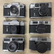 Six vintage cameras to include: Mamiya EE; Fujica 35-SE; Zenit-B; Rank Aldis; Kiev; Fed-2 (6)