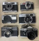 Six vintage cameras to include: Konica EE-Matic; PAX Jr; Konica Auto S2; Ricoh Auto 35; Mamiya Super