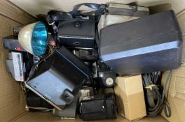 One box of various vintage cameras, cine-cameras, polaroid cameras etc