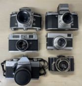 Six vintage cameras, to include: Exakta Varex IIb; Praktica FX 2; Werra; Mamiya-Sekor; Praktica