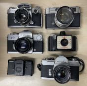 Six vintage camers to include: Miranda No. 729451; Yashica Lynx-14; Petri FT; Coronet; Minolta SR-1;