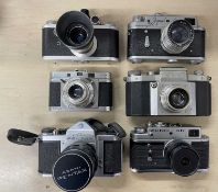 Six vintage cameras to include: Praktiflex; Corfield Periflex; Zorki-4K; Asahi Pentax; Agilux