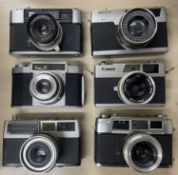 Six vintage cameras to include: Yashica 35W; Petri 7S; Canon Canonet 28; Emi K35; Petri Prest;