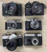 Six vintage cameras to include: Fujica ST 801; Prinzflex 500E; Ferrania Ibis 44; halina 35X;