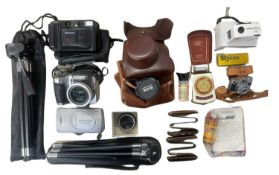 A mixed lot of various digital cameras, micro cameras and photography accessories, film, stands etc