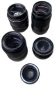 Five camera lenses to include Zeiss f=135, Zeiss f=135, Zeiss Tessar 2.8/50, Vivitar Telephoto
