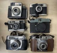 Six vintage cameras to include Kodak Auto Colorsnap 35; Pacer 35K; ilford Sportina Rapid; Rover;